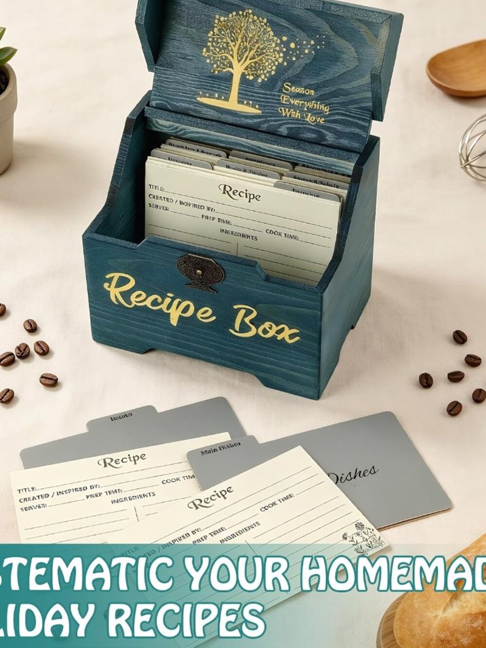 Recipe Box with Cards and Dividers - Wooden Recipe Card and Box Set - Picture 6 of 8